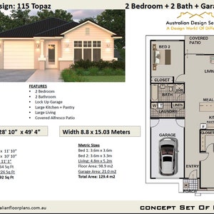 May include: Floor plan for a 2 bedroom, 2 bathroom home with a garage. The home is 28 feet 10 inches wide by 49 feet 4 inches long. The floor plan shows the layout of the rooms, including the bedrooms, bathrooms, kitchen, living room, and garage. The plan also includes measurements for each room.