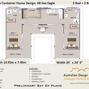 Build Plan#68 Sea Eagle: Shipping Container Home | 2 Bedroom version | 68.0  m2 or 731 sq foot |  Concept Plans (blueprints ) sale Closing