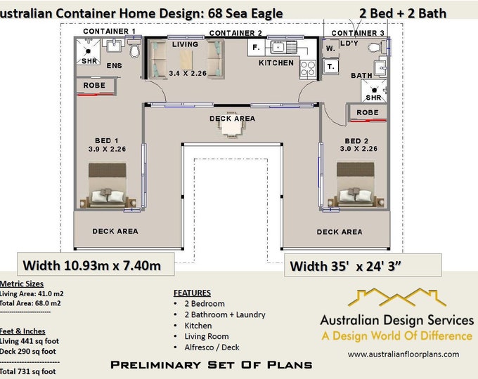 Shipping Container Home | 2 Bedroom version |  68.0  m2 or 731 sq foot  | Australia and USA Concept Plans ( blueprints )  quick Sale Closing