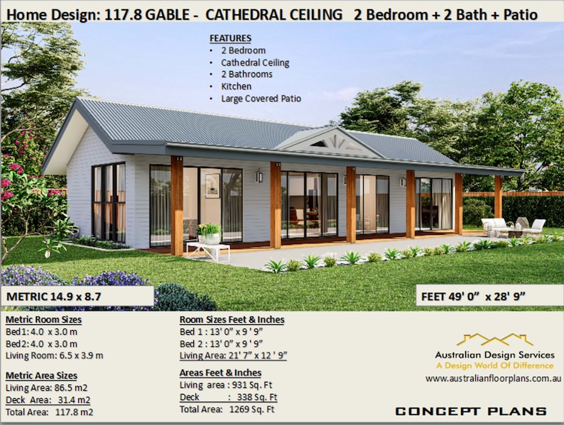 Small and Tiny Home Design 86.5m2/ 931 Sq. Feet Country 2 Bed House