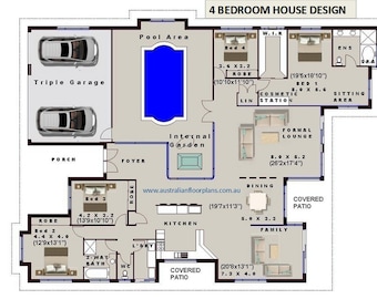 Internal Pool - 4 Bedroom house plans- Full Concept Plans For Sale