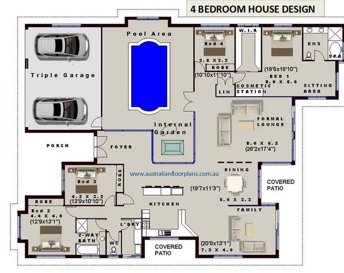 Internal Pool - 4 Bedroom house plans- Full Concept Plans For Sale