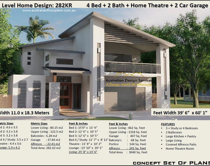 3040 Sq. Feet or 282 m2 | 4 Bedroom or 3 Bed + Study + 2 Living Areas | 2 Storey design front balcony | 2 story design | 2 storey blueprints