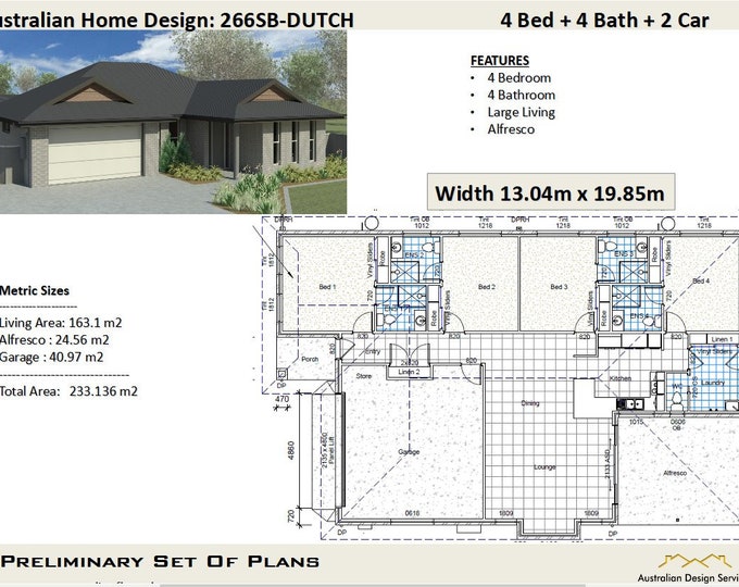 233m2 | 4 Bedroom + 4 Bathrooms House Plans | Architectural Concept Plans For Sale