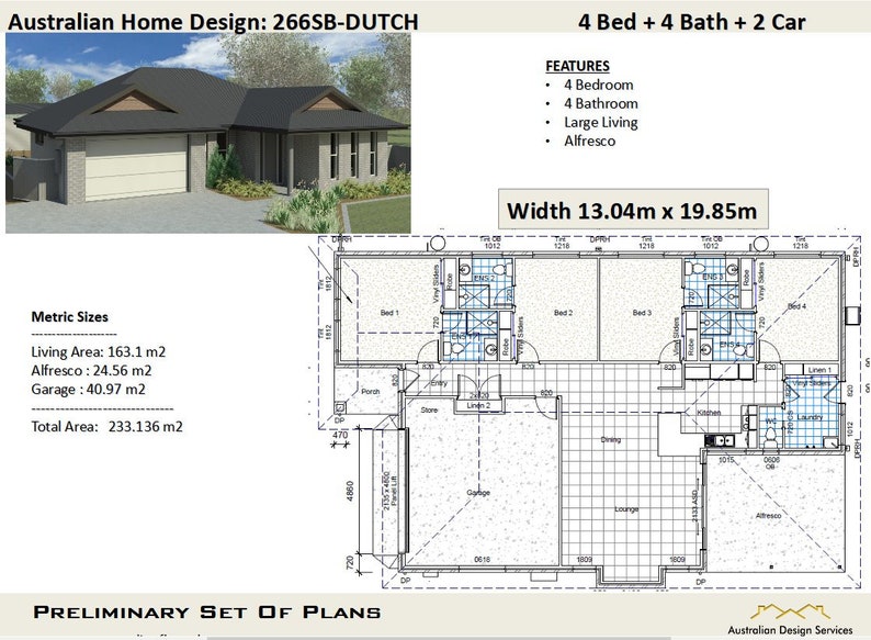 233m2 | 4 bedroom + 4 bathrooms house plans | architectural concept plans  for sale