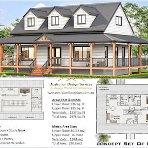 Architectonisch concept huisplannen | Moderne woning met loft-uitjehuisplattegrond Metrisch/voeten en inch Landelijke boerderijwoning met loft