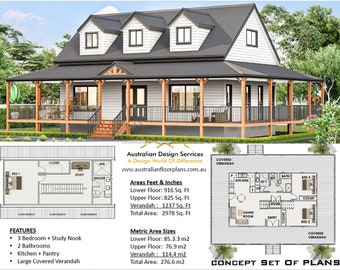 May include: A white and gray farmhouse with a large covered verandah. The floor plan shows a 3 bedroom, 2 bathroom home with a study nook, kitchen, and pantry. The home is 916 square feet on the lower level, 825 square feet on the upper level, and 1237 square feet of verandah for a total of 2978 square feet.