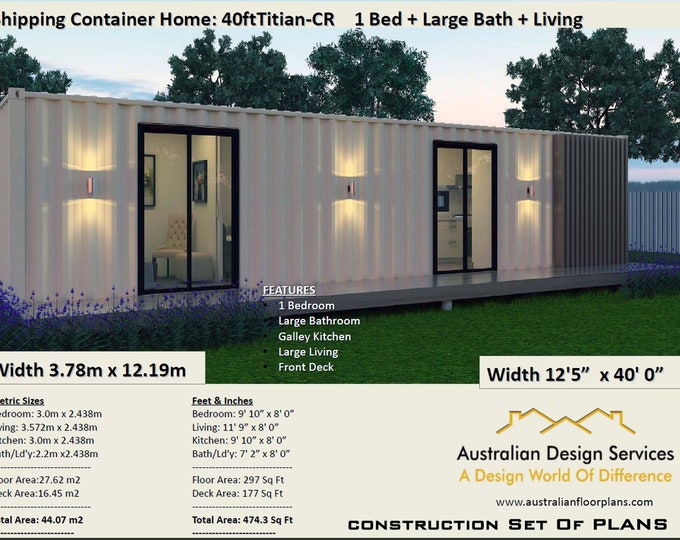 Shipping Container Home 40 Foot | Full Construction House Plans | Blueprints USA feet & Inches | Architectural Drawings | Building Plans