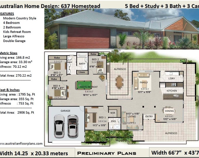 67x44 House-- 4-Bedroom 2-Bath -- 1,795 sq ft -- PDF Floor Plan -- Instant Download – 198KR