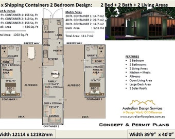 2 Bedroom Shipping Container house plans | 2 Bed container homes plans- house plans container home, USA  feet & Inches-Australian Metric