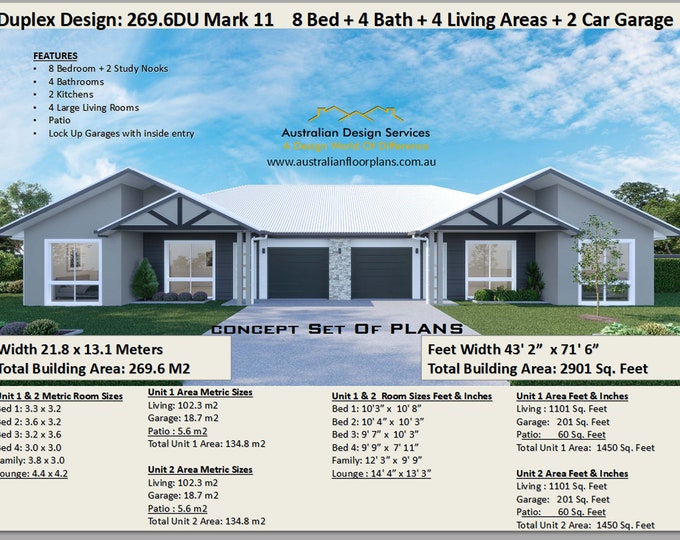 8 BEDROOM DUPLEX DESIGN: 269.6DUMark 11 - 269.6 m2/2901 Sq. Feet/ 4 Bath Room Modern Duplex House Plans-Concept Set of Plans For Sale