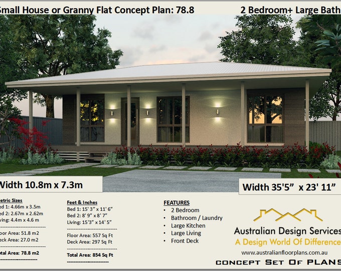 Small 2 bedroom house design 78.8-v2 |  Ideal small home or Granny Flat Living Area 51.8 m2 | 557sq foot | House Plans For Sale