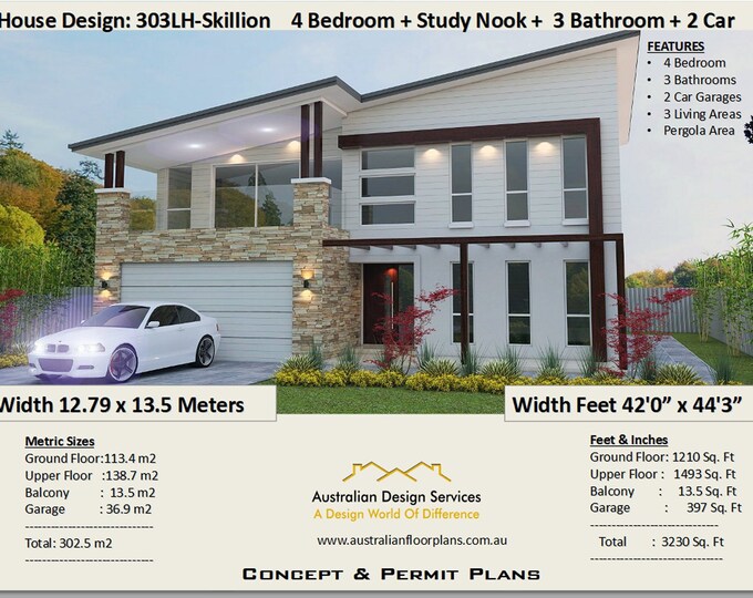 House Plan 302 m2 or 3230 Sq Feet | 4 Bed + Study Nook + 3 Living Areas | 2 Story design balcony | plans Butler's Pantry | 2 storey plans