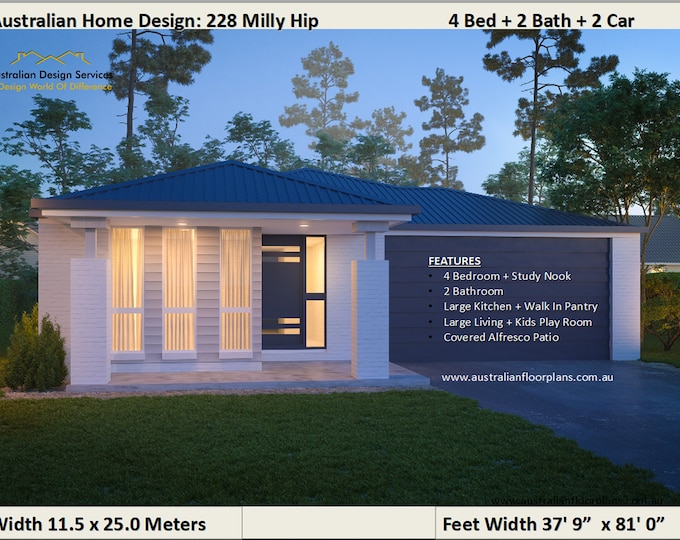 228m2 | 2462 Sq. Feet |4 Bed 2 Bath | narrow lot | study nook  | 4 Bed modern | house design Australia | 4 bed + 2 bath + 2 car  garage