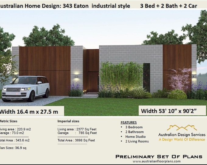 House Plan :343EATON | 3 Bed + Home Studio + 2 Bathooms + 2 Car Garage - Concept house plans For Sale |  343.0 m2   |  3698 Sq Feet
