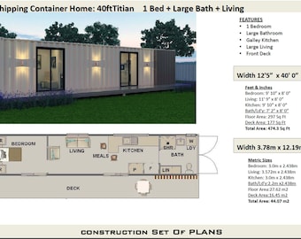 Small and Tiny Homes - Shipping Container Home 40 Foot  | Full Construction House Plans | Blueprints USA  feet & Inches