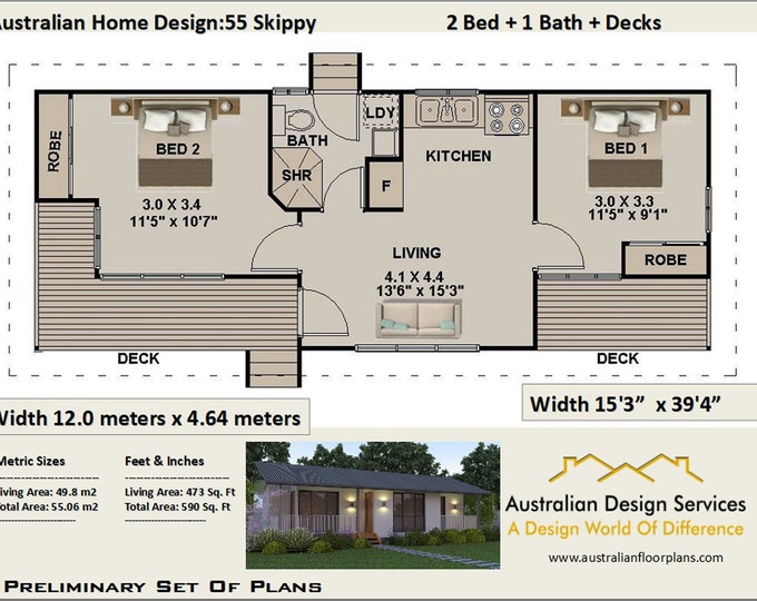 55 m2  or 592 sq foot | 2 bedroom small home design | homestead 2 bedroom | Small &Tiny  House Plan - Concept House Plans For Sale