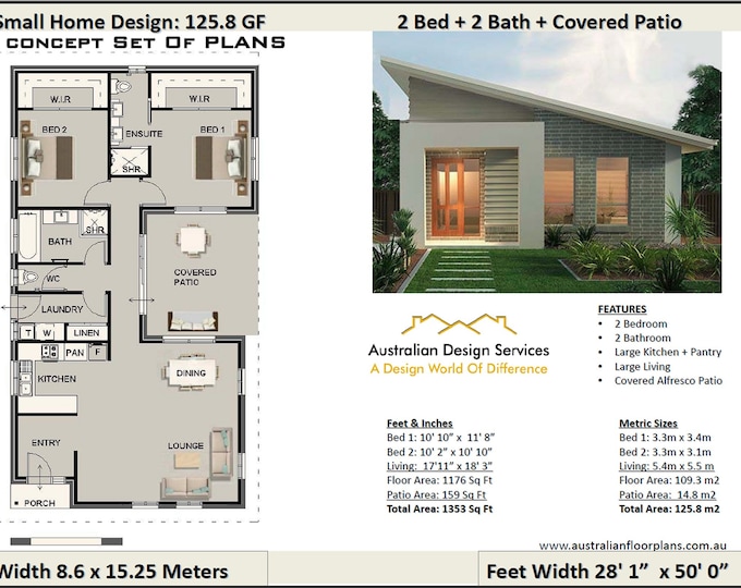 Small House Design Under 1200 sq foot house plan or 109 .3 m2   | 2 Bedroom + 2 Bathroom house plan  | Small Home Plans blueprints