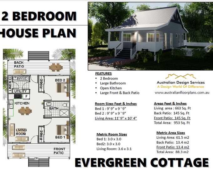 Cottage Cabin Small Home Design - Country Cottage 2 Bedroom House Plans For Sale | 61.5m2 663 Sq. Feet | Tiny Cottage |