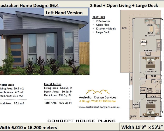 House Plans  2 Bedroom For Sale |  2 Bedroom house plan 86.4 |  Narrow Lot Small House Design | 59.9 m2 | 644 sq foot
