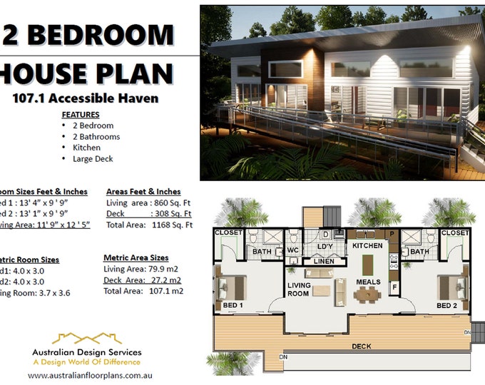 2 Bedroom house plan 80.0 m2 or 860 sq foot, Small and Tiny House Plans, metric or feet and inches, Concept Blueprints wheelchair-friendly