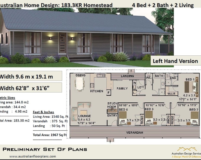 House Plan 63x32 House-- 4-Bedroom 2-Bath -- 1540 sq ft -- PDF Floor Plan -- Instant Download – 183.3KR modern farmhouse