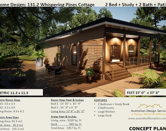 RUSTIC GRANNY FLAT 2 Bed + Study Cottage - Small and Tiny Home Design 95.1m2/ 1028 Sq. Feet - Vacation home blueprints Sale Under 1200 Sq Ft