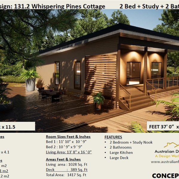 RUSTIC GRANNY FLAT 2 Bed + Study Cottage - Small and Tiny Home Design 95.1m2/ 1028 Sq. Feet - Vacation home blueprints Sale Under 1200 Sq Ft