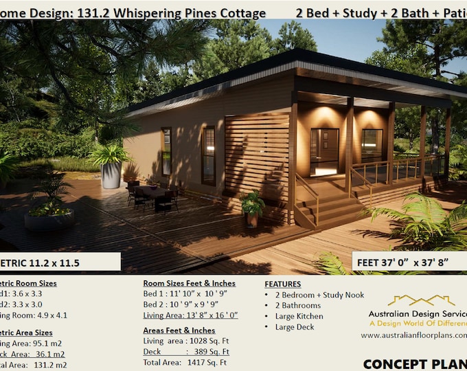 RUSTIC GRANNY FLAT 2 Bed + Study Cottage - Small and Tiny Home Design 95.1m2/ 1028 Sq. Feet - Vacation home blueprints Sale Under 1200 Sq Ft