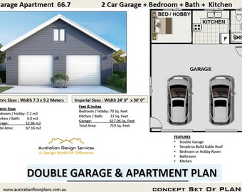 Garage & Apartment Plan - 2 Car Garage + Bedroom + Bath +  Kitchen | PDF Plan Instant Download - Full Concept Plana For Sale