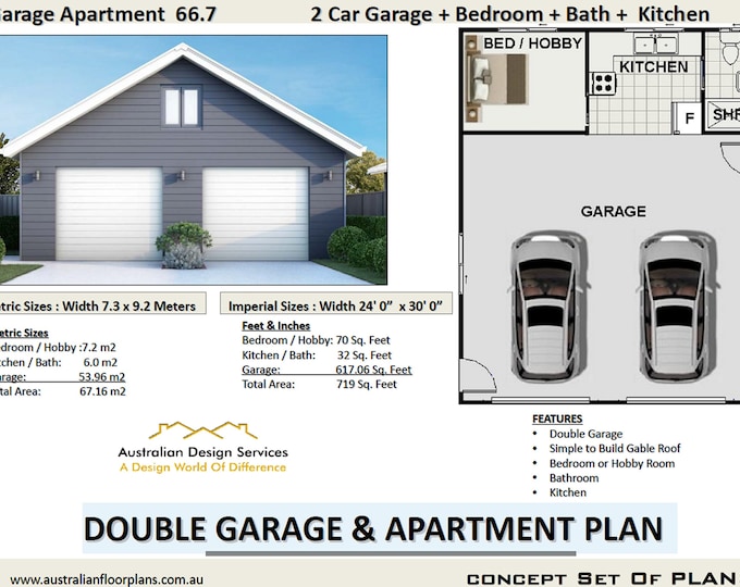 Garage & Apartment Plan - 2 Car Garage + Bedroom + Bath +  Kitchen | PDF Plan Instant Download - Full Concept Plana For Sale