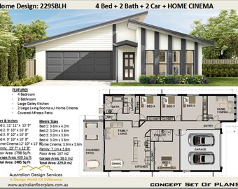 May include: A floor plan for a 4 bedroom, 2 bathroom home with a home theater, a covered patio, and a 2 car garage. The plan shows the layout of the rooms, including the kitchen, living room, dining room, bedrooms, and bathrooms. The plan also includes measurements for each room in both feet and inches and meters.