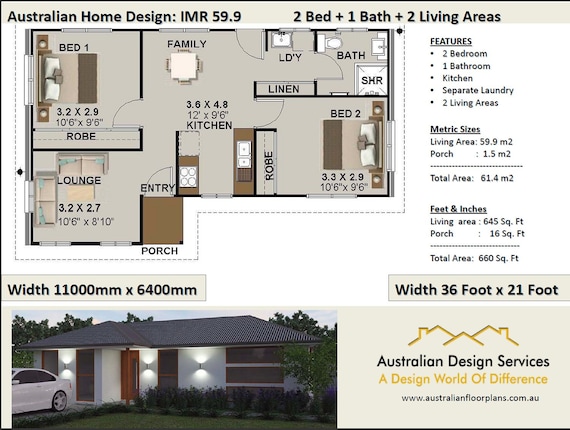 2 Bed House Plan 660 Sq Foot 61 4 M2 2 Bedroom Small Home 2 Bedroom Floor Plan 2 Bed Granny Flat Small House Plans Australia