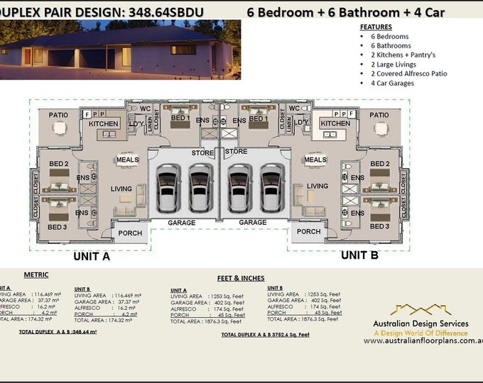 348.64 m2  or 3752 Sq Foot | 6 Bedrooms  6 Bathrooms Duplex plans | 6 bedroom duplex | modern duplex House Plans Sale