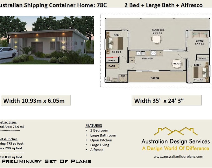 2 Bedroom Container Home Concept Plan |  840sq foot | 78 m2   |  3 containers combined plans Metric or feet and Inches|  ship container