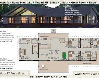 May include: Floor plan of a 5 bedroom, 2 bathroom home with a great room, kitchen, dining room, and verandah. The home is 281.7 square meters or 3024 square feet. The plan includes measurements in both feet and inches and meters.