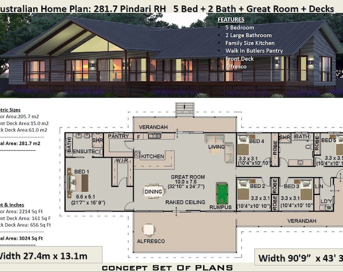 281 m2 | 3024 sq foot  |  5 Bedroom house plan 281.7 Pindari  |  Concept House Plans For Sale