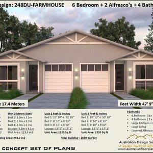 Country Farmhouse Duplex 2640 Sq. Foot or 245.2 m2 |  | 3 x 3 bedroom narrow duplex plan | Farmhouse 6 bed duplex plans | 6 bed Duplex