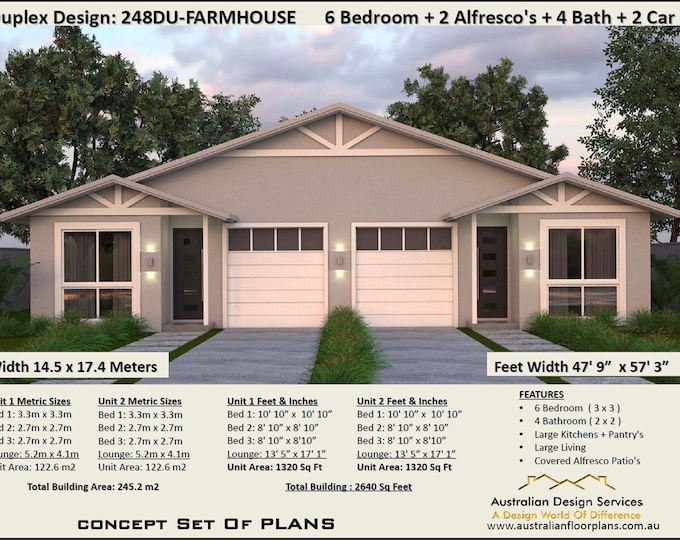 Country Farmhouse Duplex 2640 Sq. Foot or 245.2 m2 |  | 3 x 3 bedroom narrow duplex plan | Farmhouse 6 bed duplex plans | 6 bed Duplex