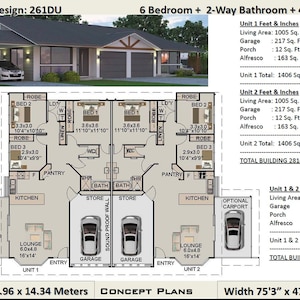 6 Bedrooms duplex design |  2814 Sq. Foot Or  261 m2 | Dual Living house plans | duplex house plans | 2 Family House Plans | two-family home
