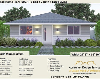 2 Bedroom House Plan, 968 sq feet or 90 m2 | 2 small home design, small home design, 2 Bedroom Granny Flat, Concept House Plans For Sale