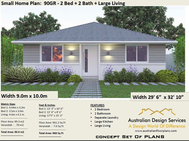  2  Bedroom  House  Plan  968 sq feet or 90 m2 2  small  home  Etsy