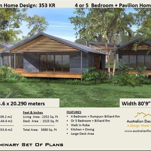 Pavilion Style Home Design - 4 OR 5 Bedrooms 2 1/2 Bathrooms + Rumpus room + Billiard | House Plans | 353m2 or 3880 sq feet | Dream home