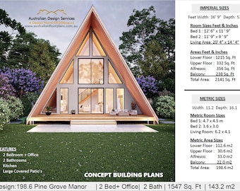 MODERN COUNTRY RETREAT - architectural Concept house plans | Modern A-Frame Design, inexpensive cottage plan Metric/feet and inches
