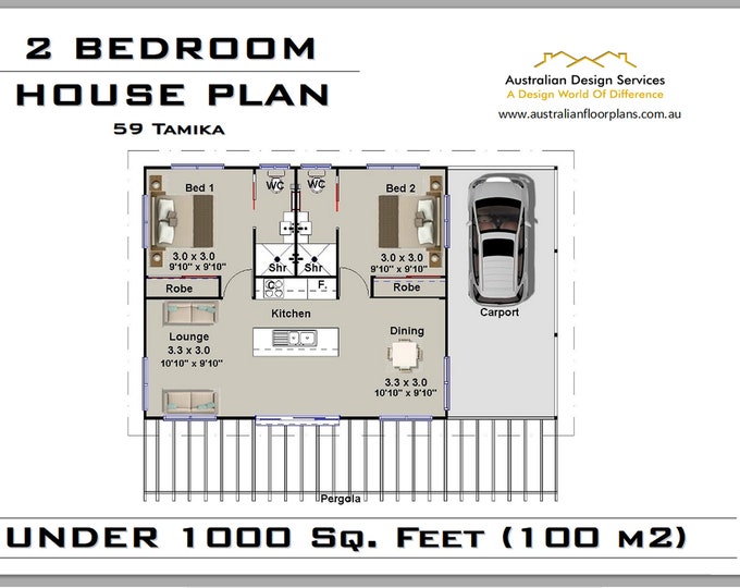 59 Tamika | House Plan Under 1000 sq. foot | 2 Bedroom house plan | 2 Bedroom Home Plan - Blueprints - Concept House Plans for Sale