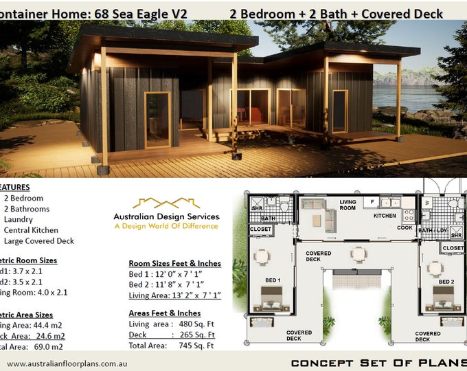 2 Bedroom 2 Bathroom Shipping Container Home | 3 Shipping Containers | House Plans | Blueprints USA feet & Inches | Metric Sizes | On Sale