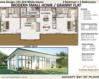 Modern 2 Bedroom house plan/Small and Tiny House Plans / metric Under 1000 sq foot house plans/Granny Flat 79.9m2 or 860 sq foot -house plan