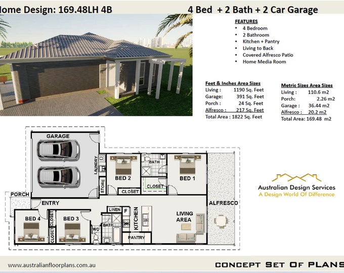 NARROW HOUSE PLANS -  110.6 m2 / 1190 Sq. Feet 4 Bedroom  / walk in pantry