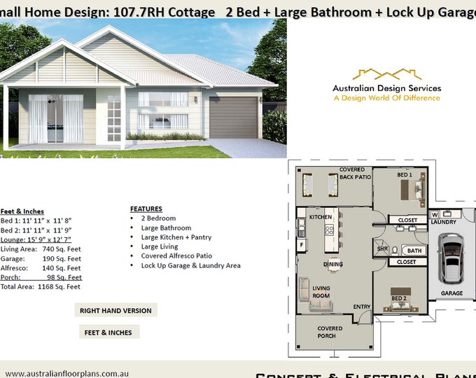 Small & Tiny 2 Bedroom house plan-Small Cottage-740 sq. foot-House plans for sale