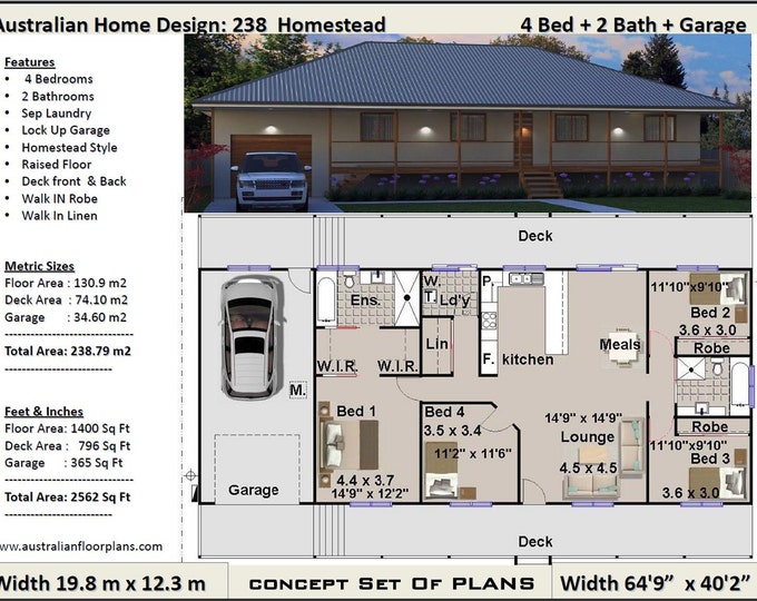 Country Homestead Sloping lot house plans |  4 bed floor plans | Pier and beam house plans / 2562 Sq foot or 238m2 | 4 Bedroom house plans